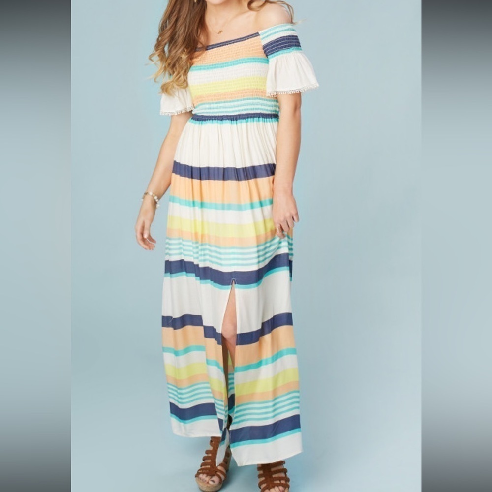 Altar’d State Norfolk smocked stripe‎ short flutter sleeves maxi dress Sz M